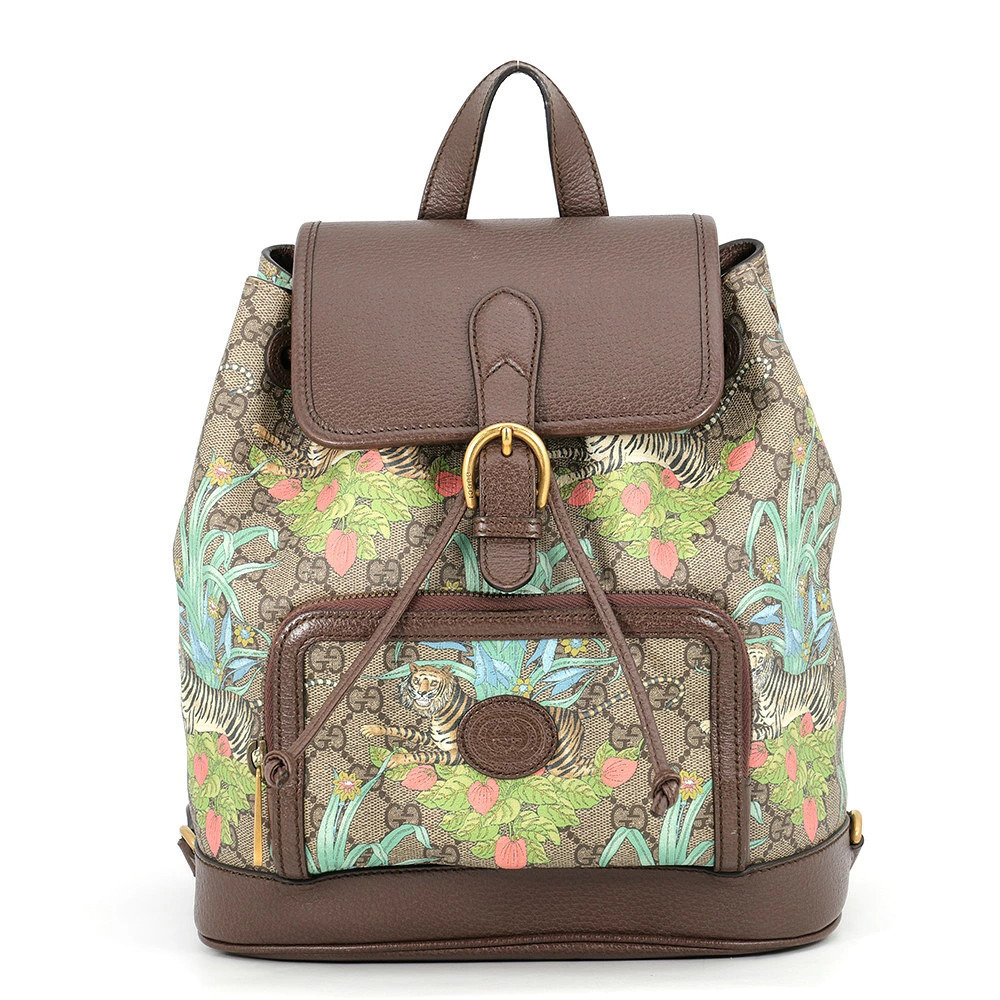 Gucci Tiger GG Supreme Backpack Rucksack Bag Canvas Leather Yellow Brown
